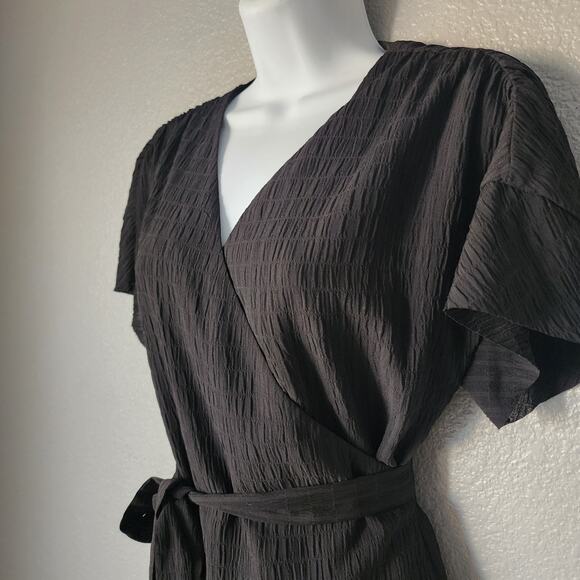 All Saints Rene Ruffle Bottom Short Sleeve Wrap Dress Black - Picture 3 of 9